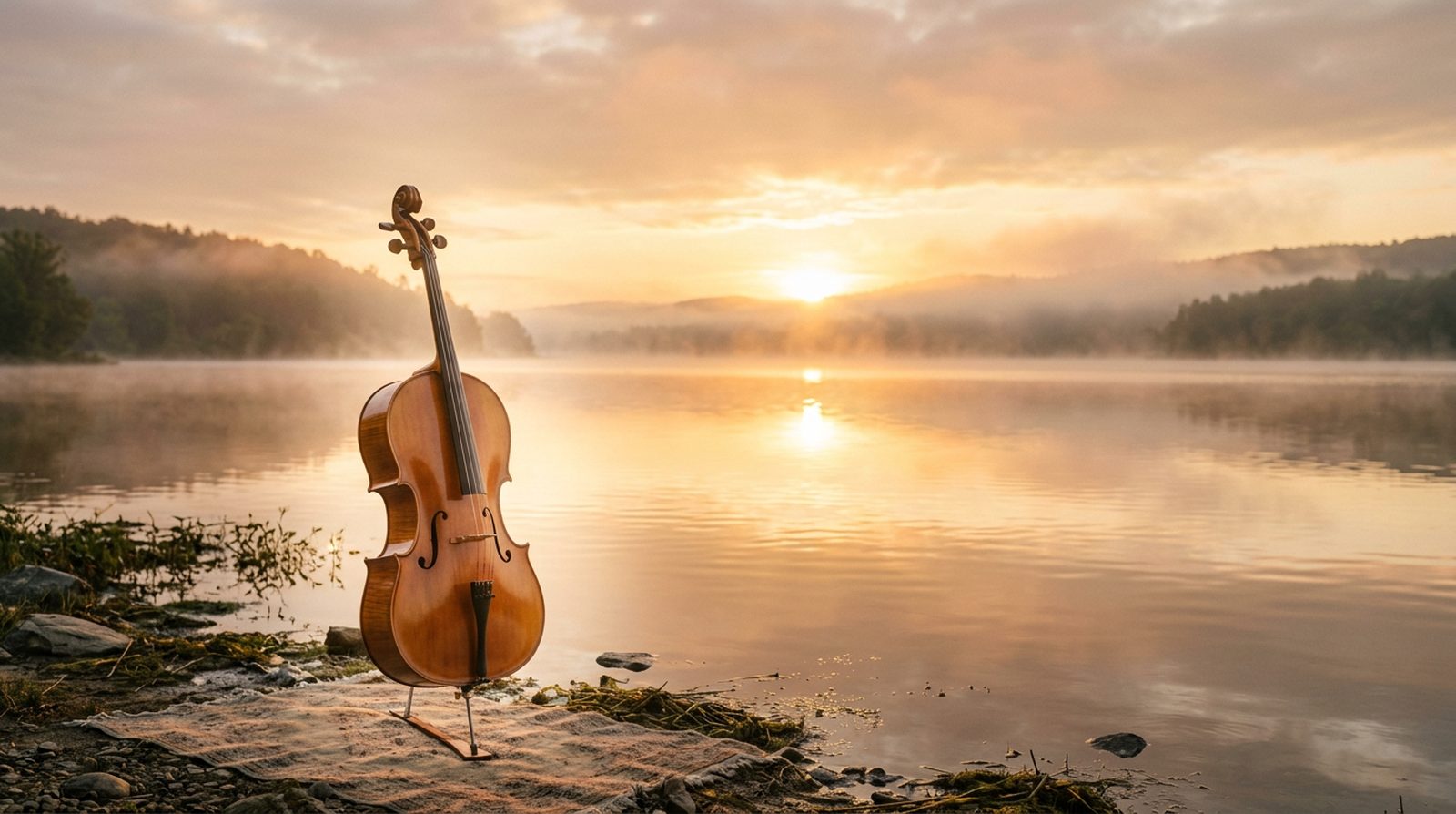 Warm golden sunrise over a calm lake with a cello — music that opens a guarded heart